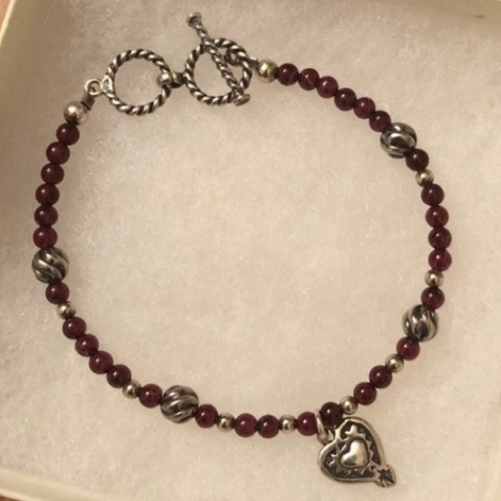 Silpada Sterling Silver & Garnet Bead Heart Charm Bracelet B1488